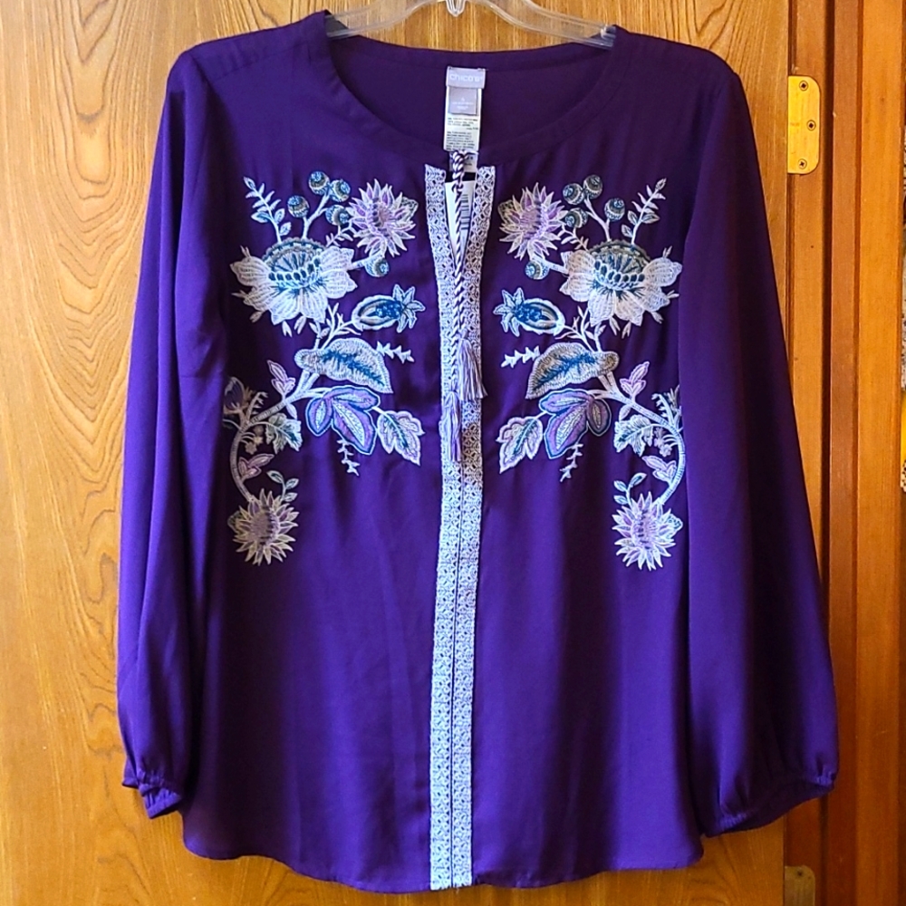 Chicos new with tags,  purple embroidered tie neck blouse